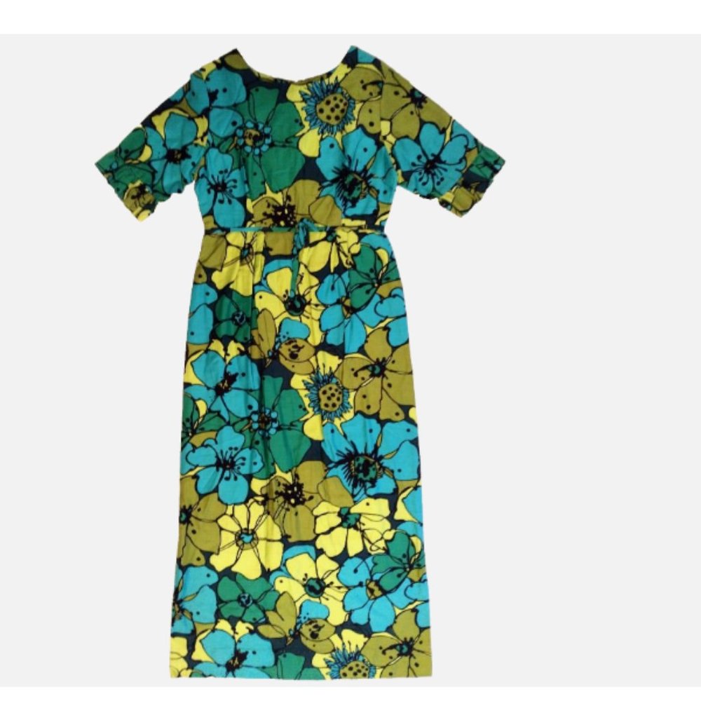 Vintage 60s 70s Handmade Maxi Dress Colorful Mod Flower Power Size M - Picture 1 of 11